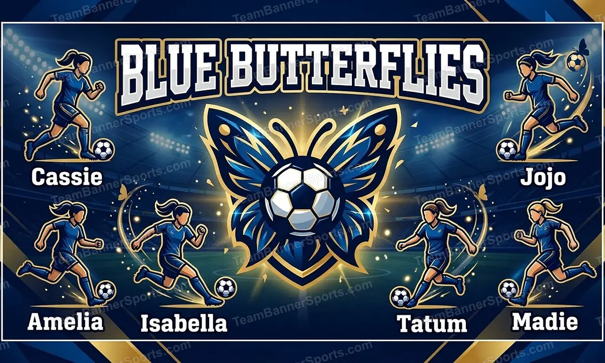 Blue butterflies soccer team banner created with AI