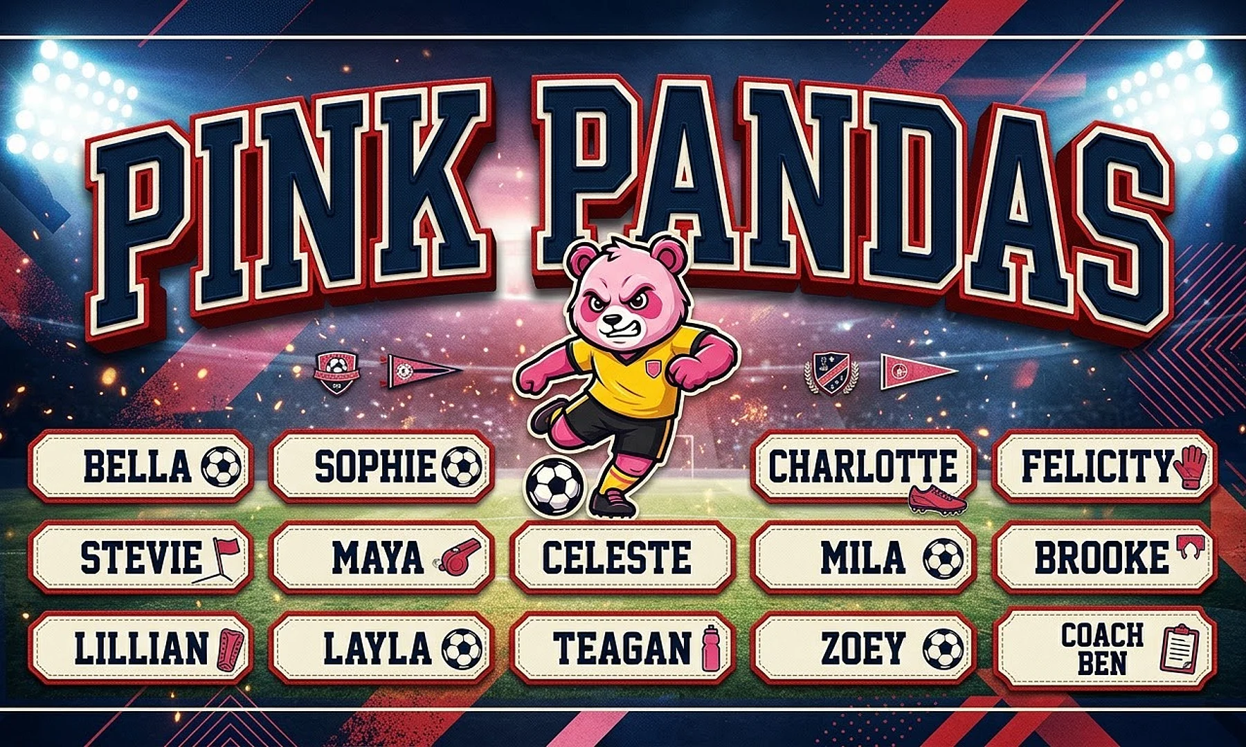 Pink Pandas soccer team banner created with AI
