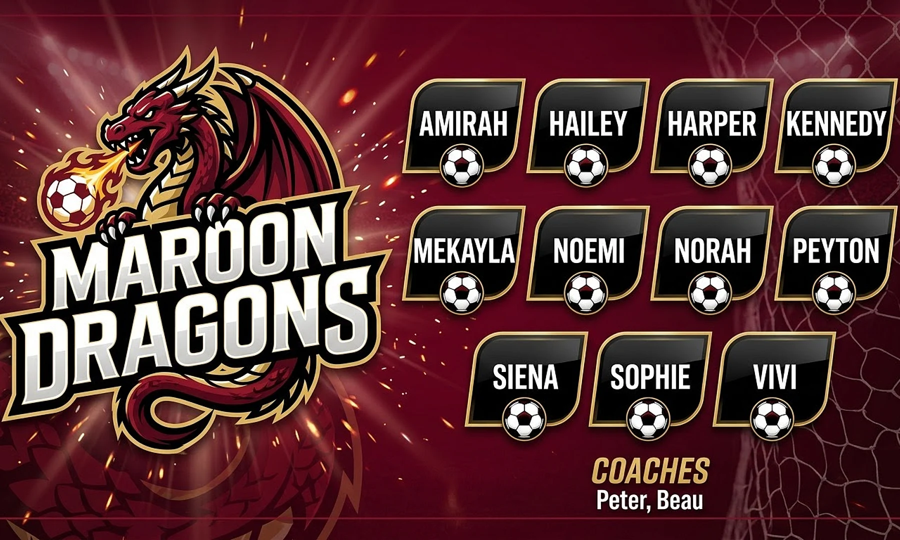 Maroon Dragons soccer team banner created with AI