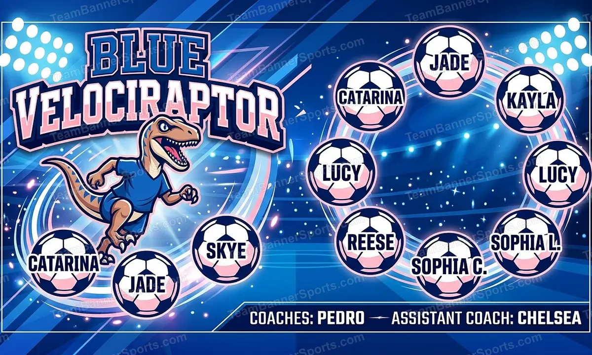Blue Velociraptor soccer team banner created with AI