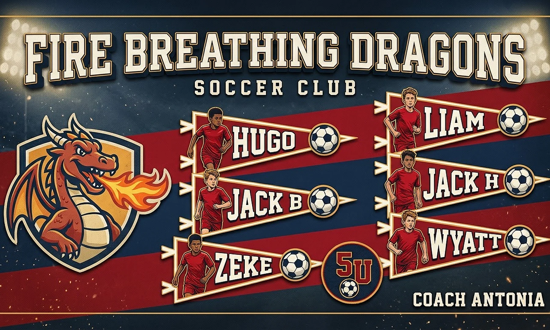 Fire breathing dragons soccer team banner created with AI