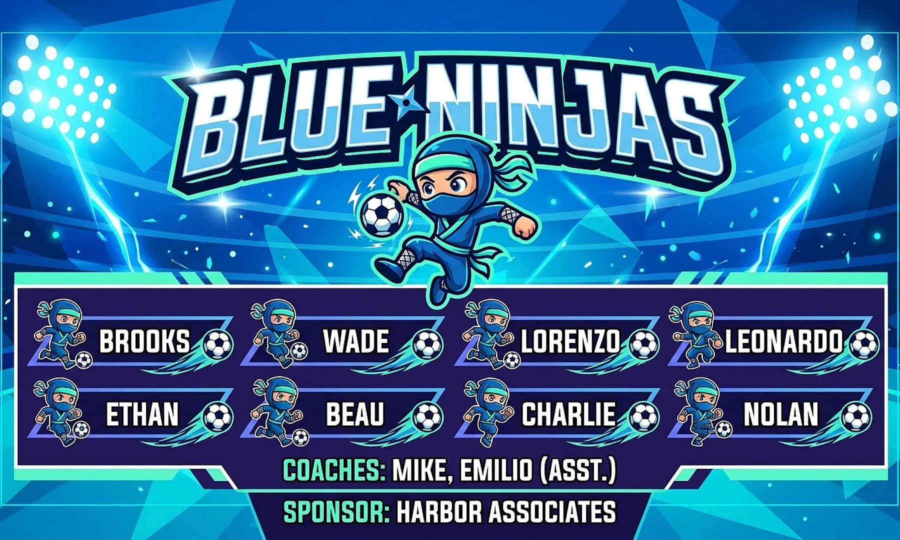 Blue Ninjas soccer team banner created with AI