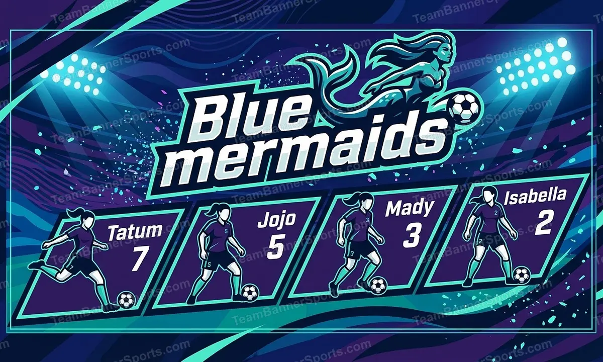 Blue mermaids soccer team banner created with AI