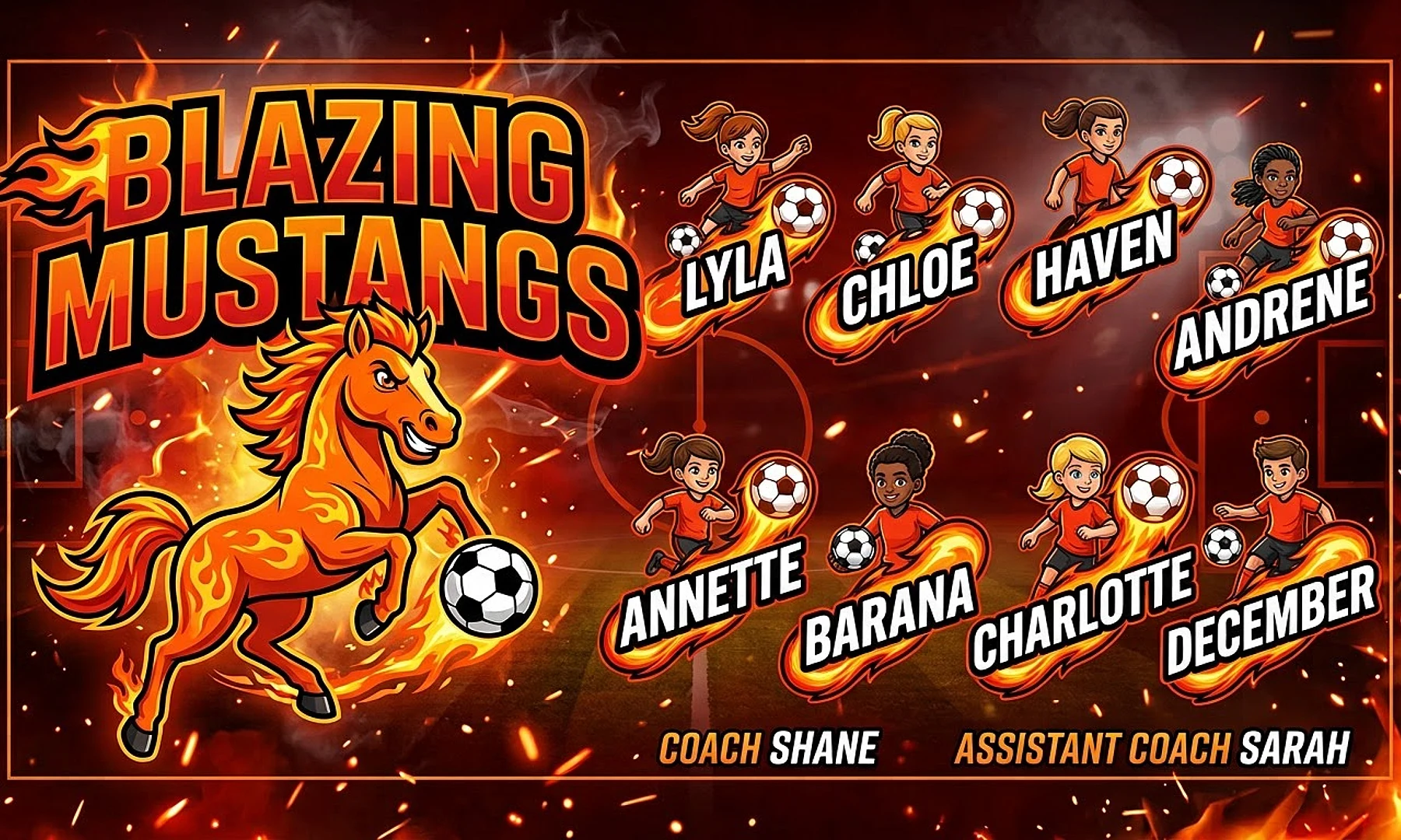 Blazing Mustangs soccer team banner created with AI