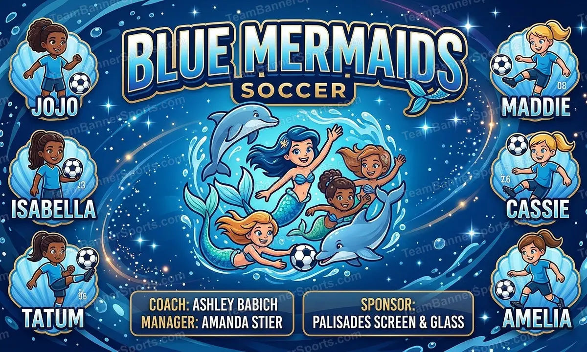 Blue Mermaids soccer team banner created with AI