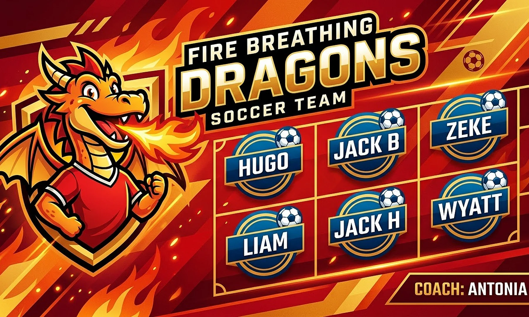 Fire breathing dragons soccer team banner created with AI