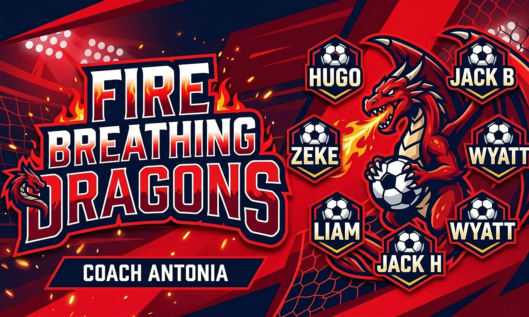 Fire breathing dragons soccer team banner created with AI
