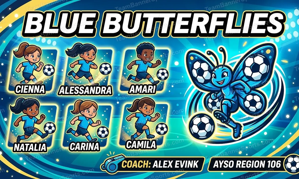 Blue Butterflies soccer team banner created with AI