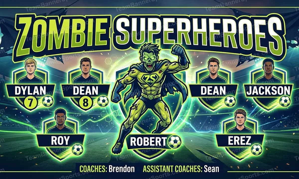Zombie Superheroes soccer team banner created with AI