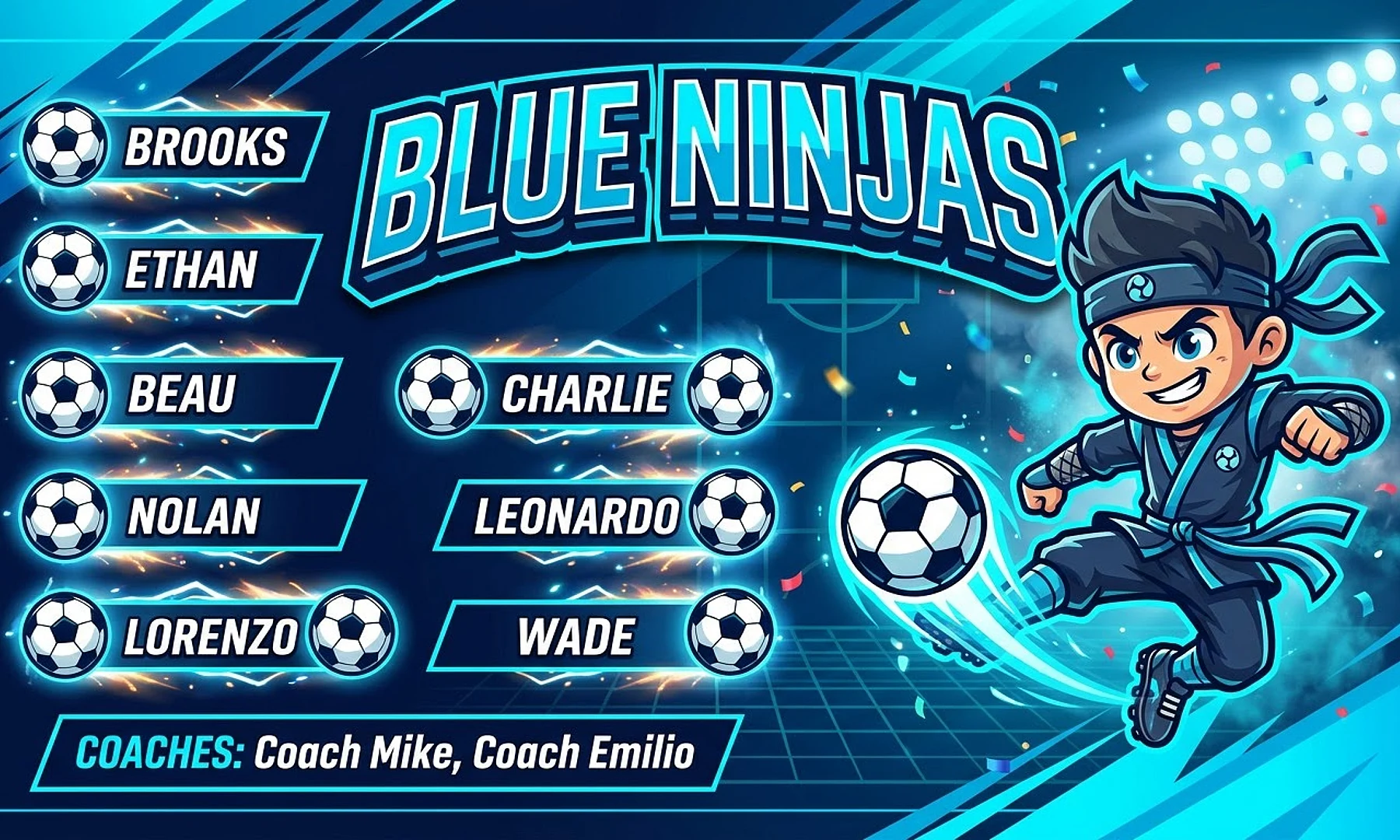 Blue Ninjas soccer team banner created with AI