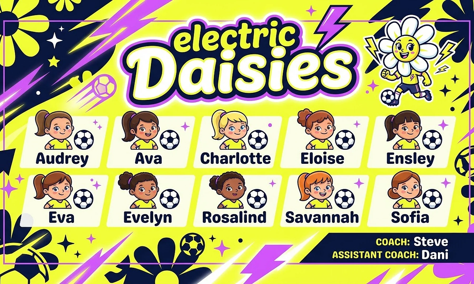 electric Daisies soccer team banner created with AI