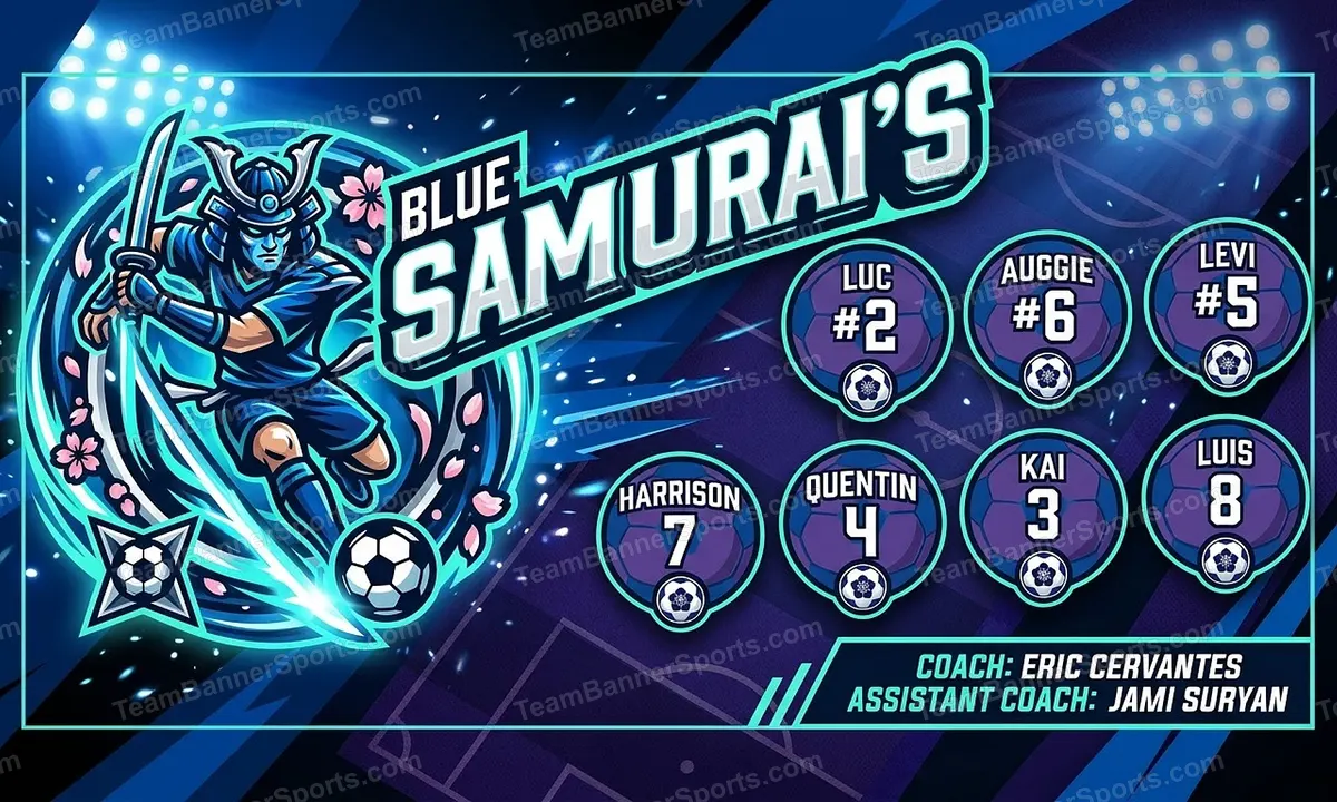 Blue Samurai’s soccer team banner created with AI