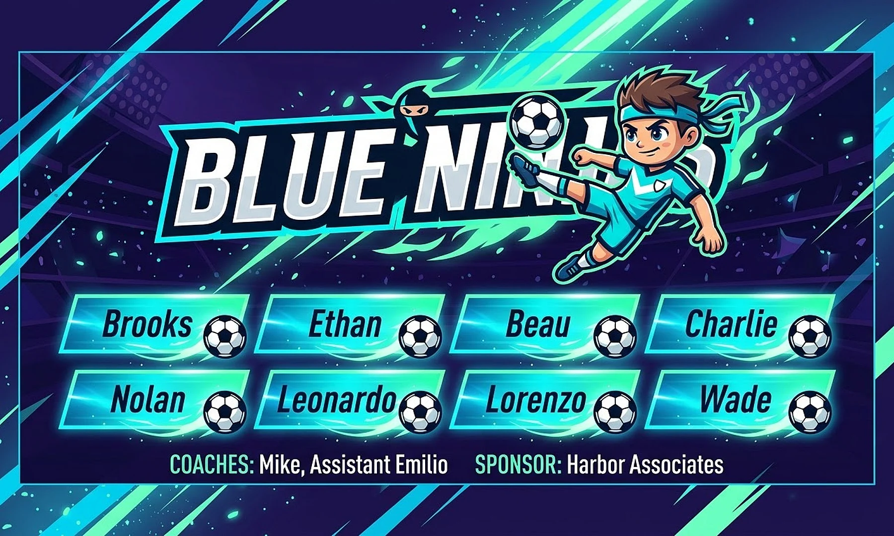Blue Ninjas soccer team banner created with AI