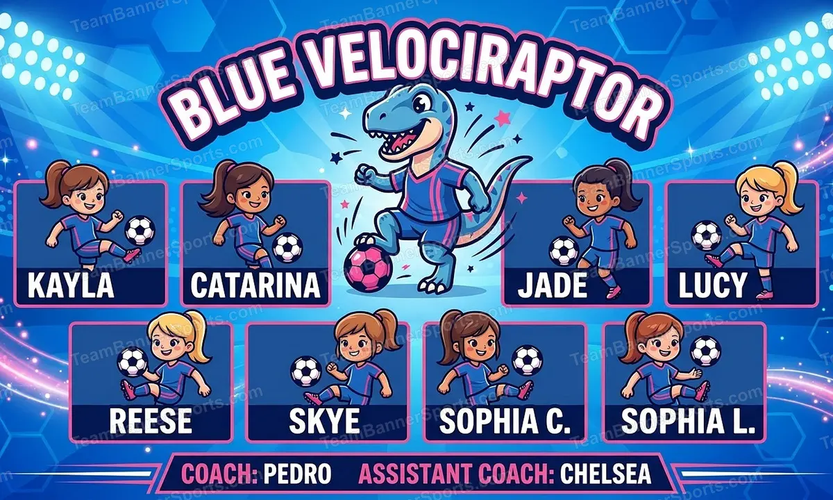 Blue Velociraptor soccer team banner created with AI