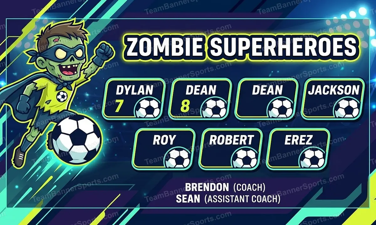 Zombie Superheroes soccer team banner created with AI