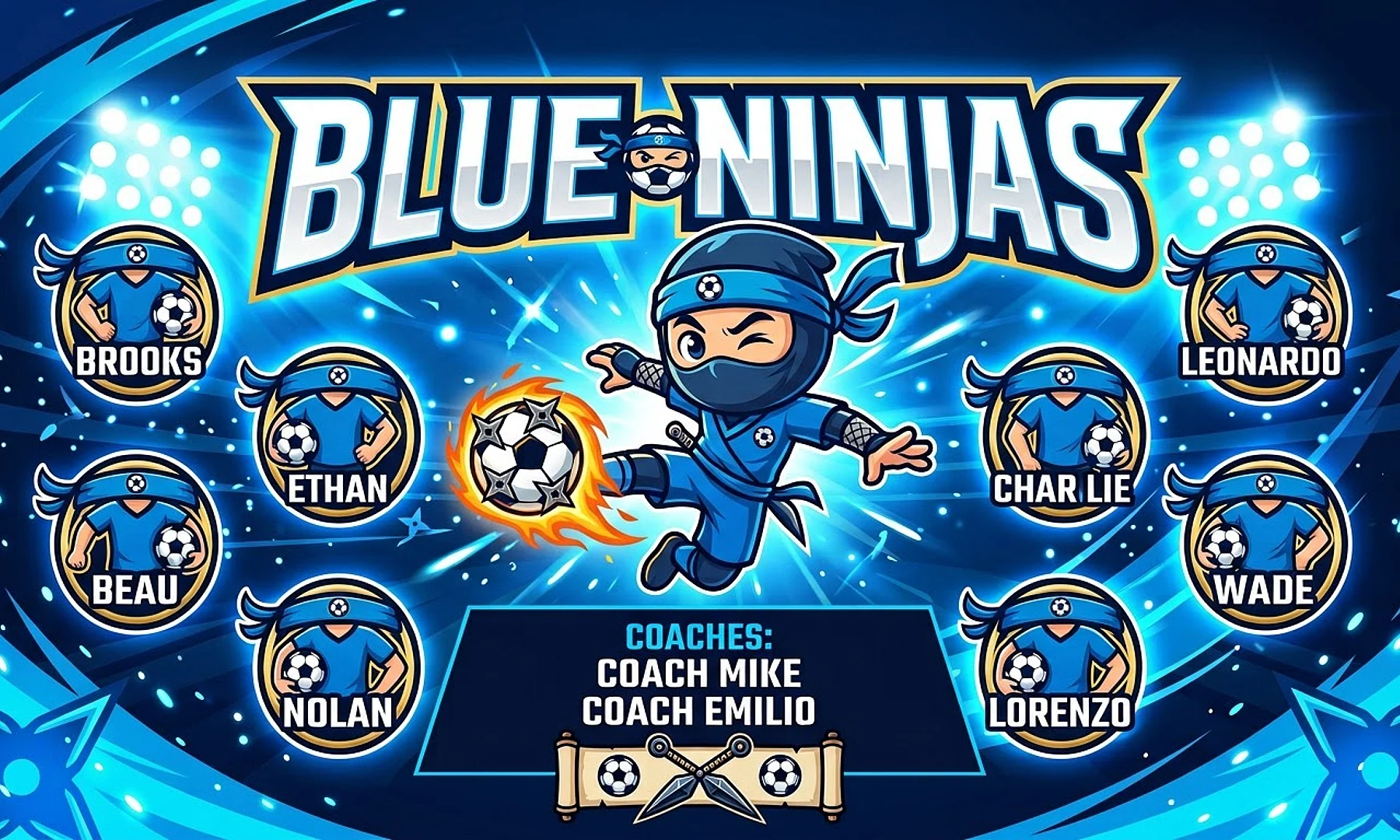 Blue Ninjas soccer team banner created with AI