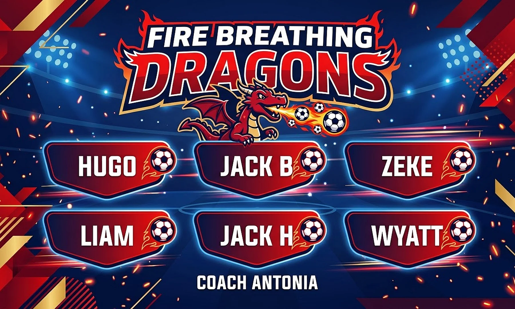 Fire breathing dragons soccer team banner created with AI