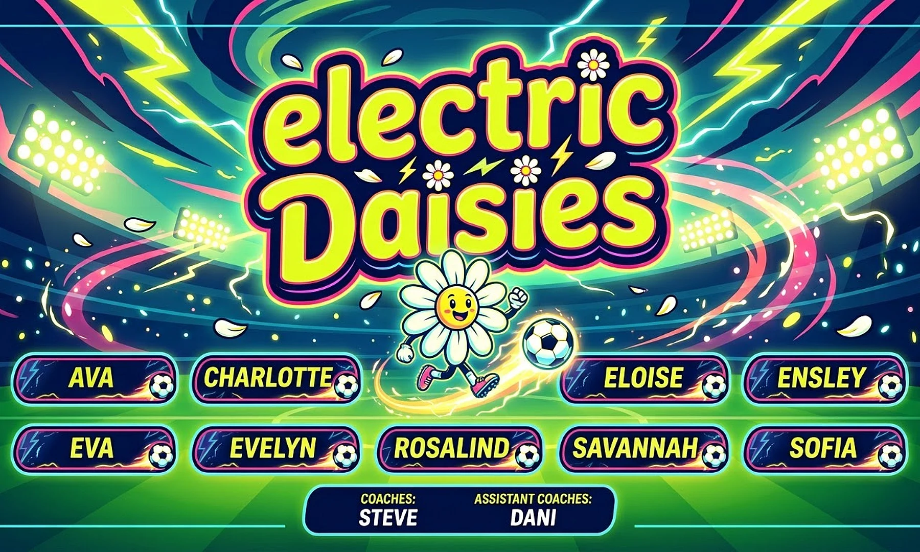 electric Daisies soccer team banner created with AI