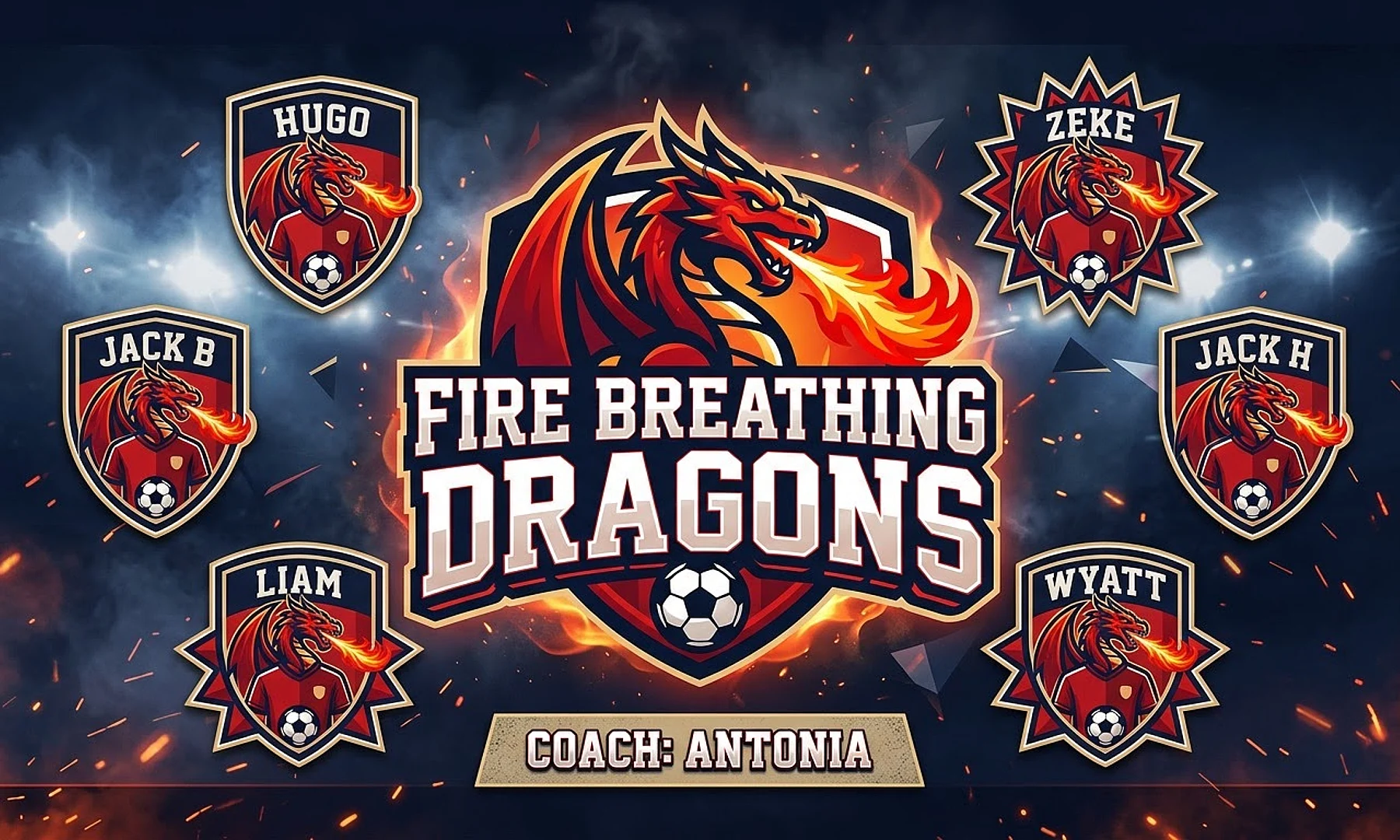 Fire breathing dragons soccer team banner created with AI