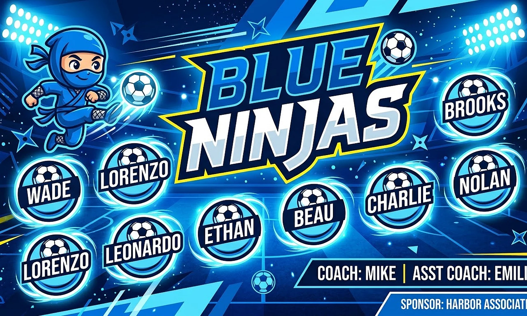 Blue Ninjas soccer team banner created with AI