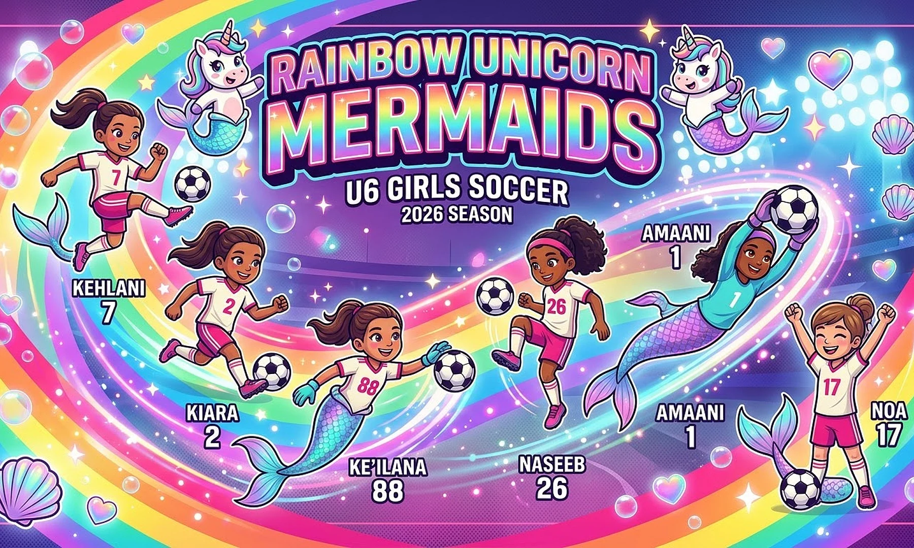 Rainbow Unicorn Mermaids soccer team banner created with AI