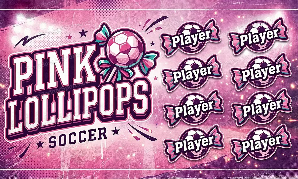 Pink lollipops soccer team banner created with AI