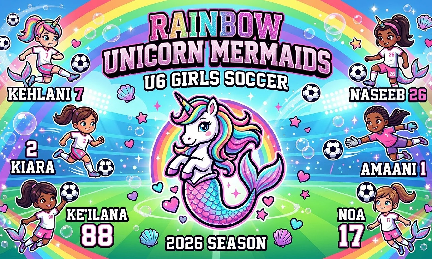 Rainbow Unicorn Mermaids soccer team banner created with AI