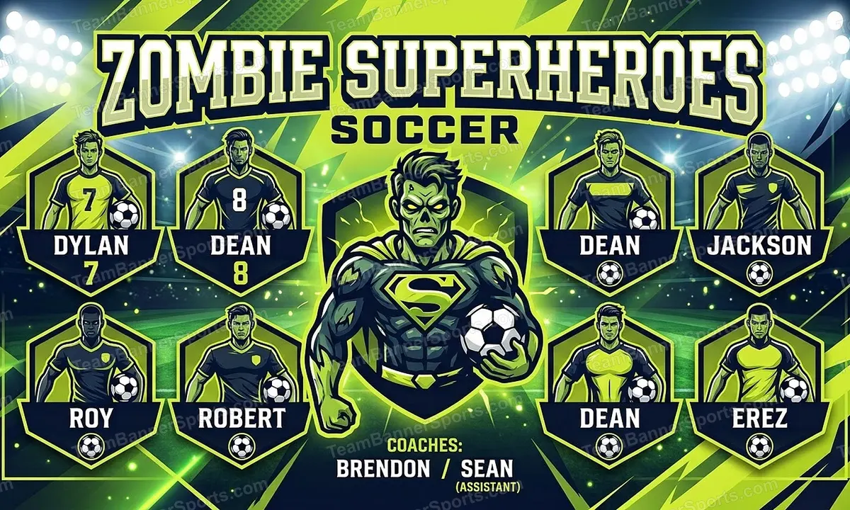 Zombie Superheroes soccer team banner created with AI