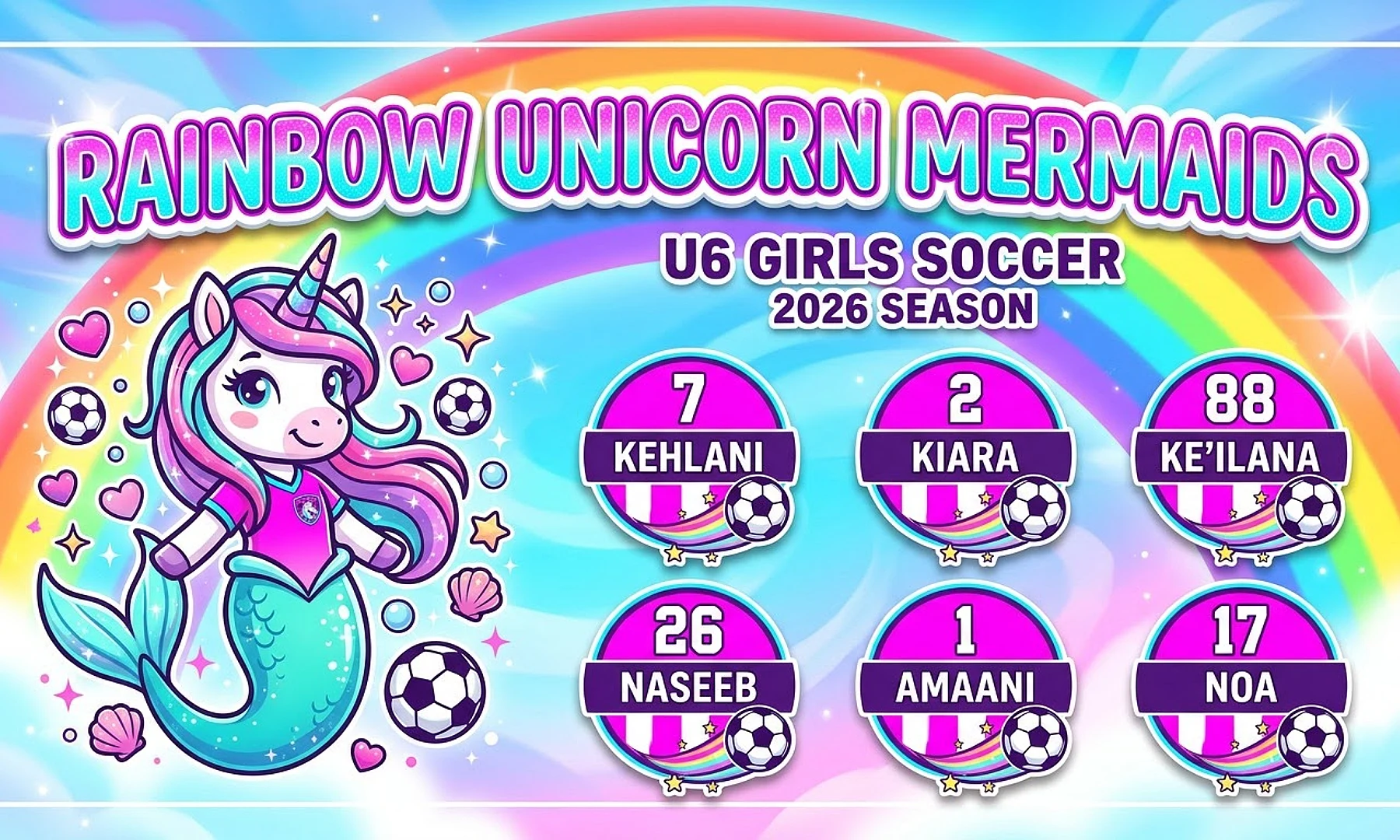 Rainbow Unicorn Mermaids soccer team banner created with AI