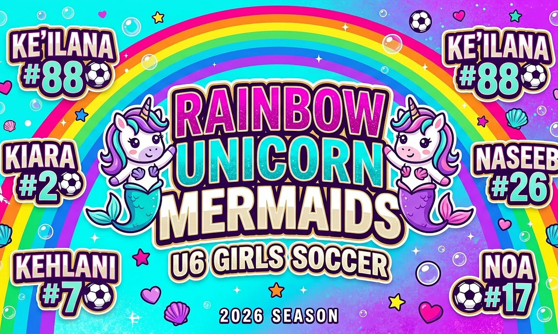 Rainbow Unicorn Mermaids soccer team banner created with AI
