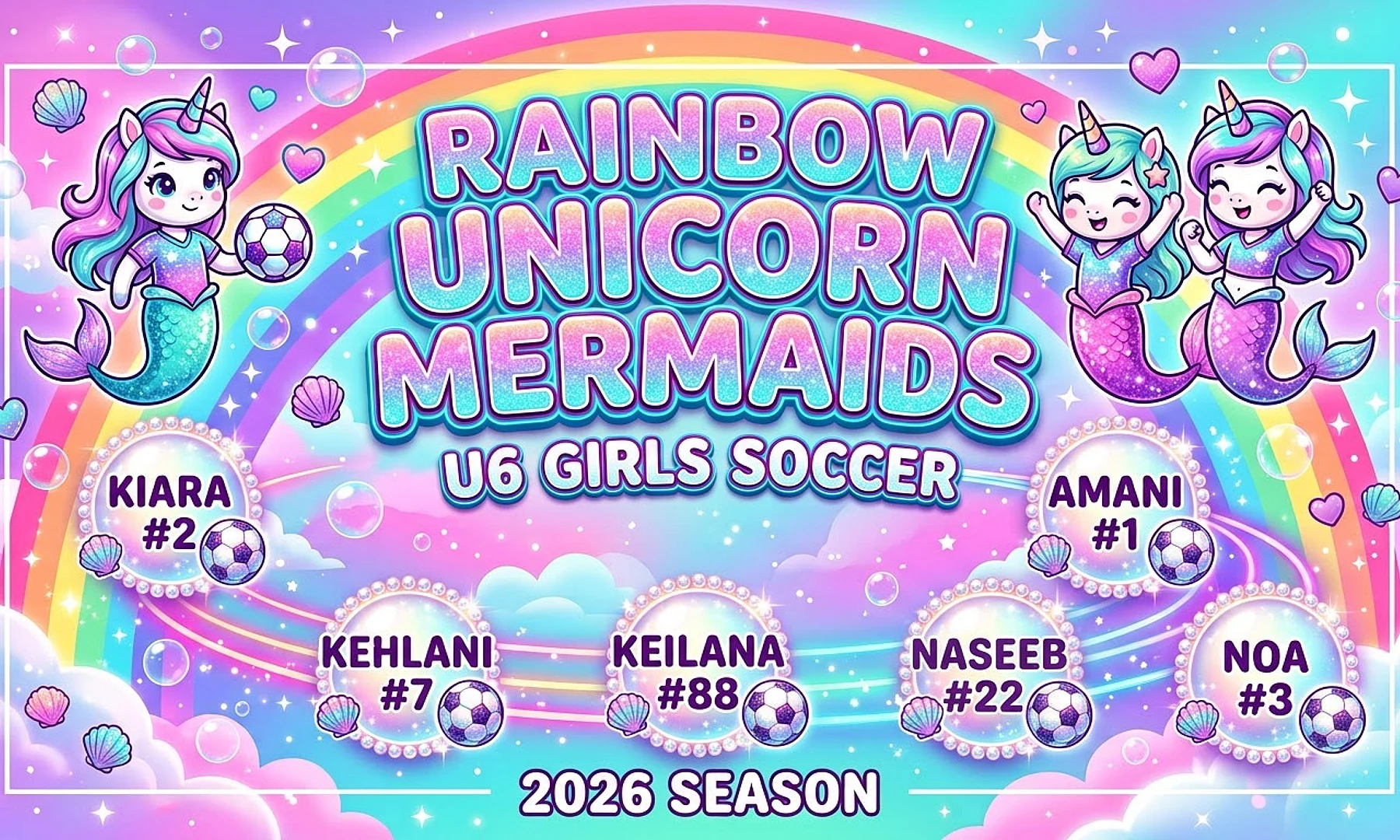 Rainbow Unicorn Mermaids soccer team banner created with AI