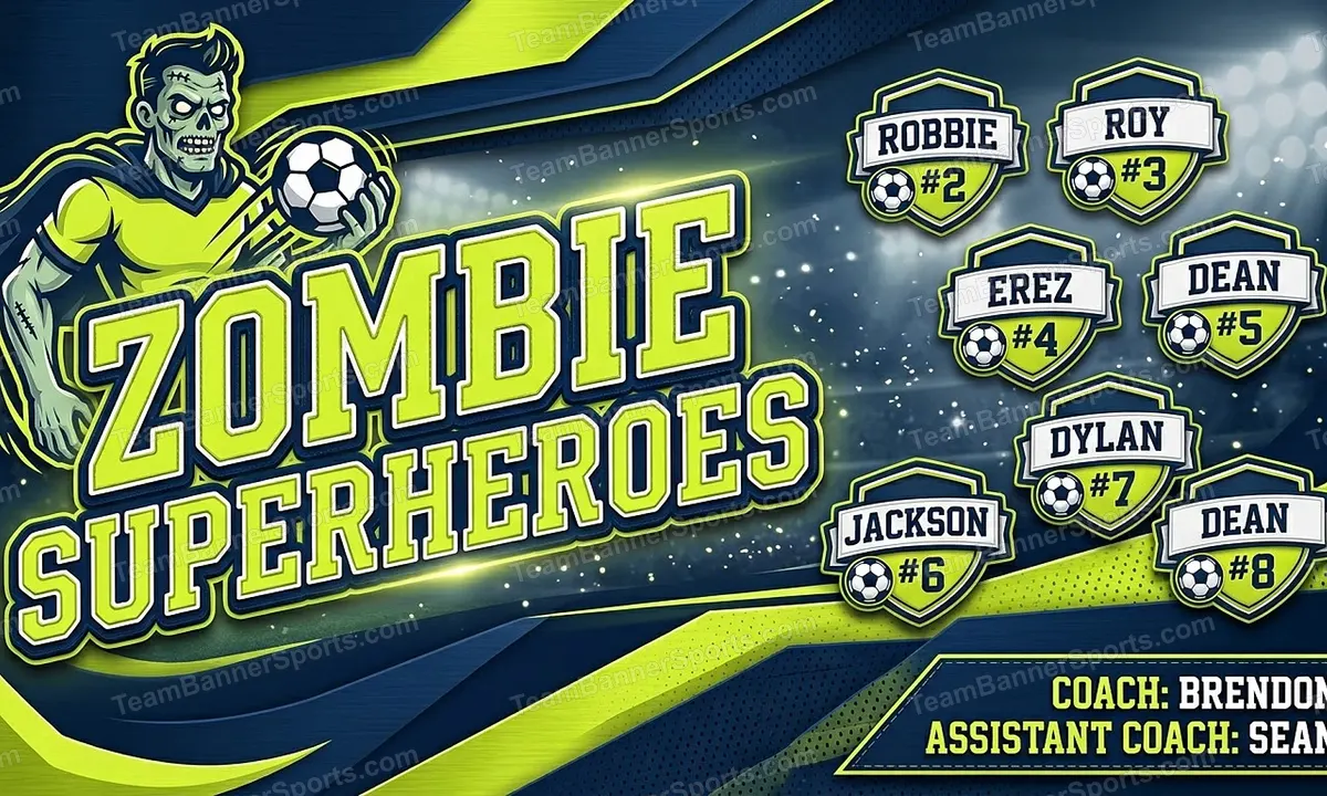 Zombie Superheroes soccer team banner created with AI