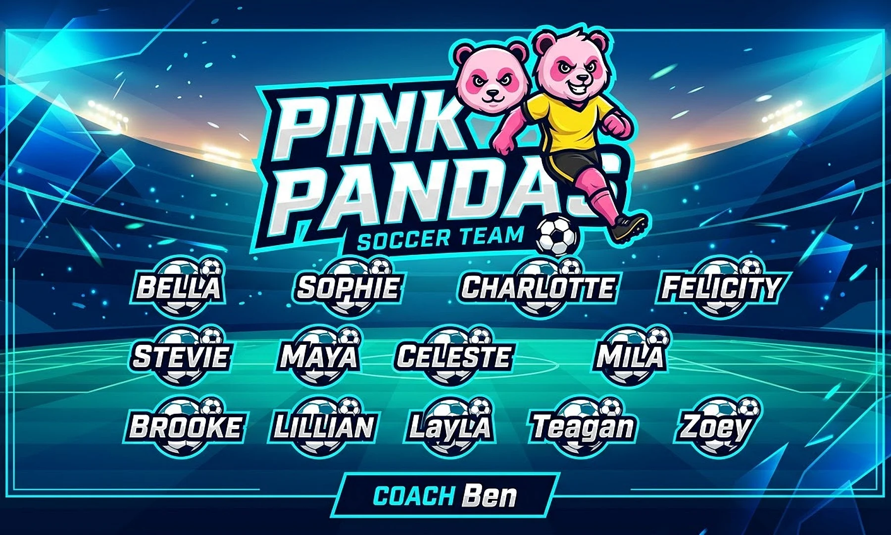 Pink Pandas soccer team banner created with AI