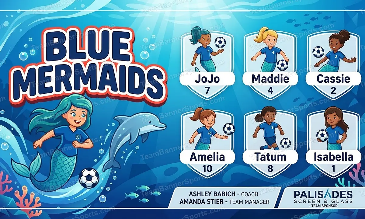 Blue Mermaids soccer team banner created with AI