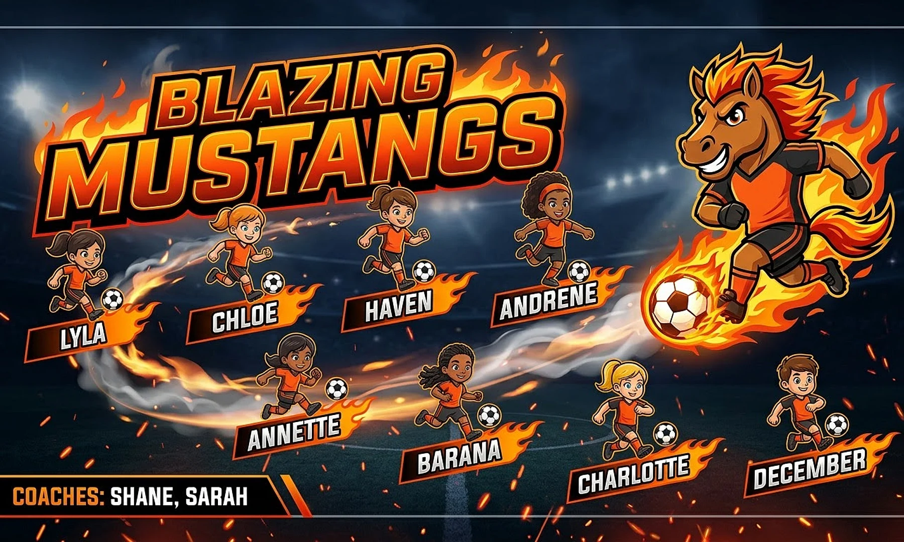Blazing Mustangs soccer team banner created with AI