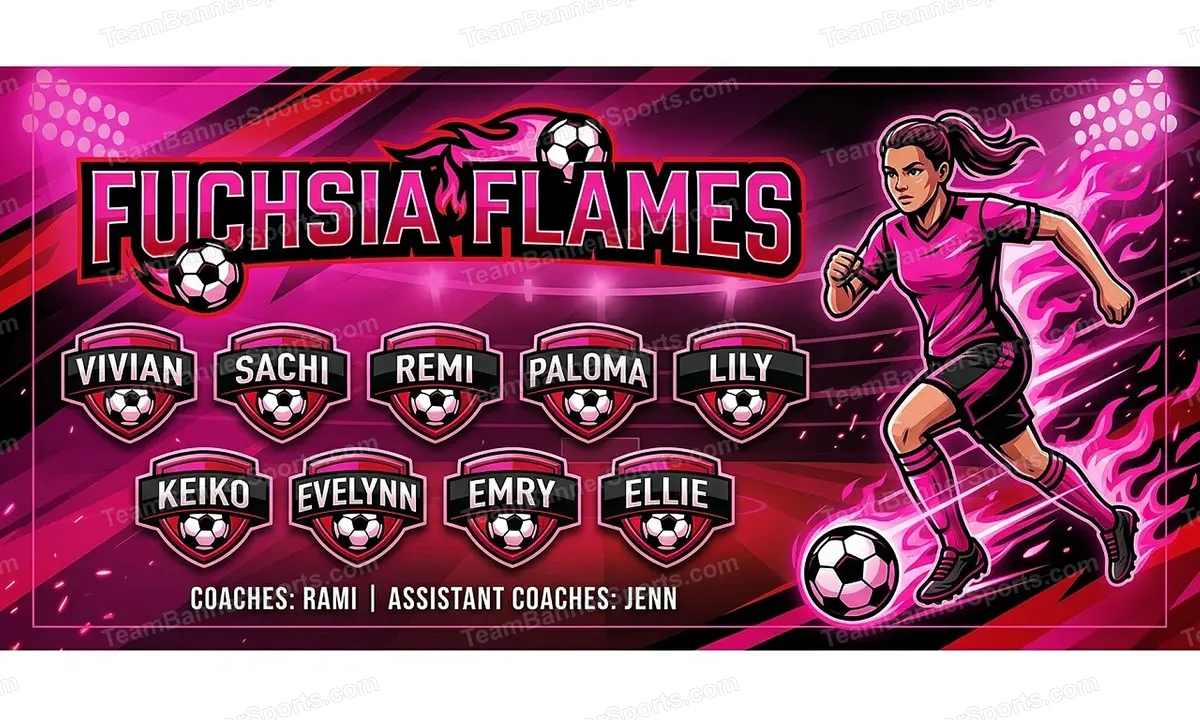 Fuchsia Flames soccer team banner created with AI