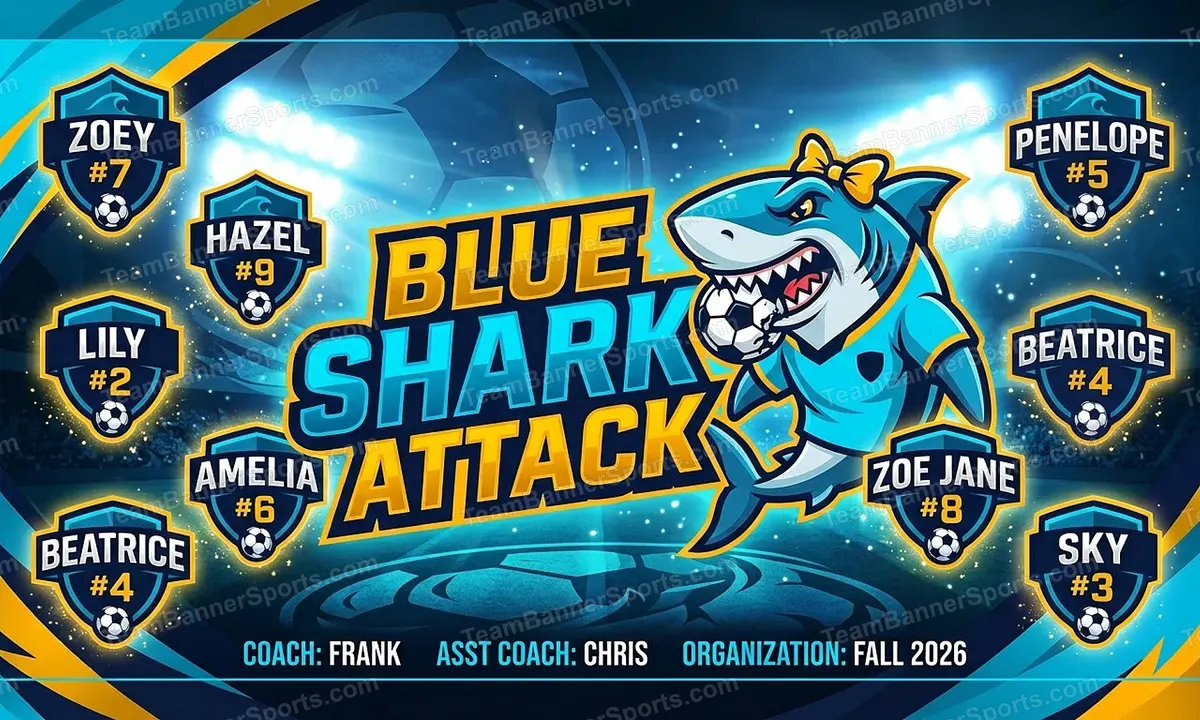 Blue Shark Attack soccer team banner created with AI