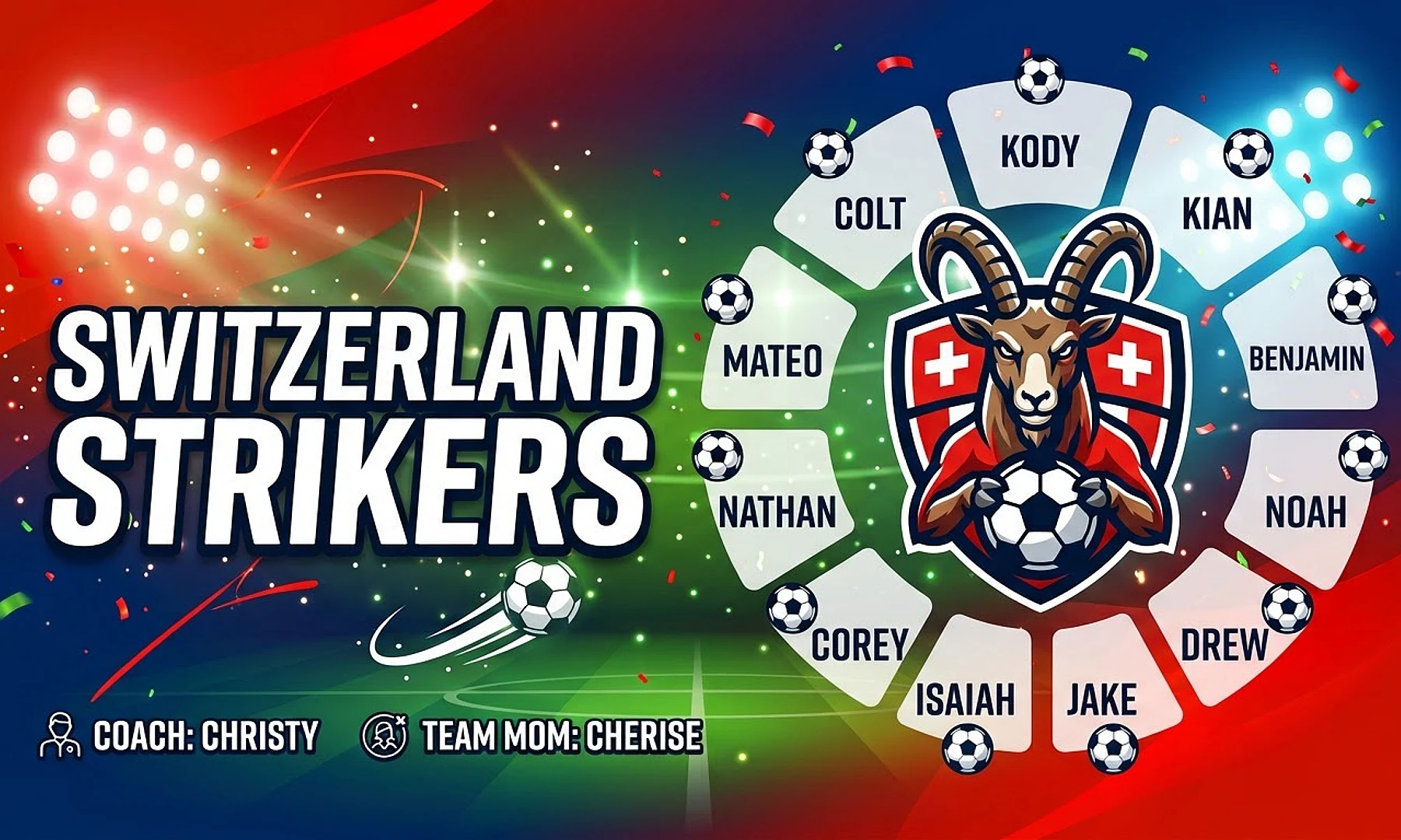 Switzerland Strikers soccer team banner created with AI