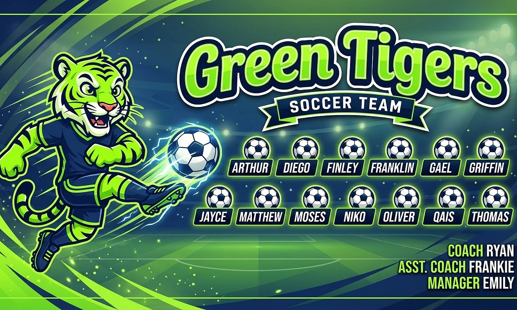 Green Tigers soccer team banner created with AI