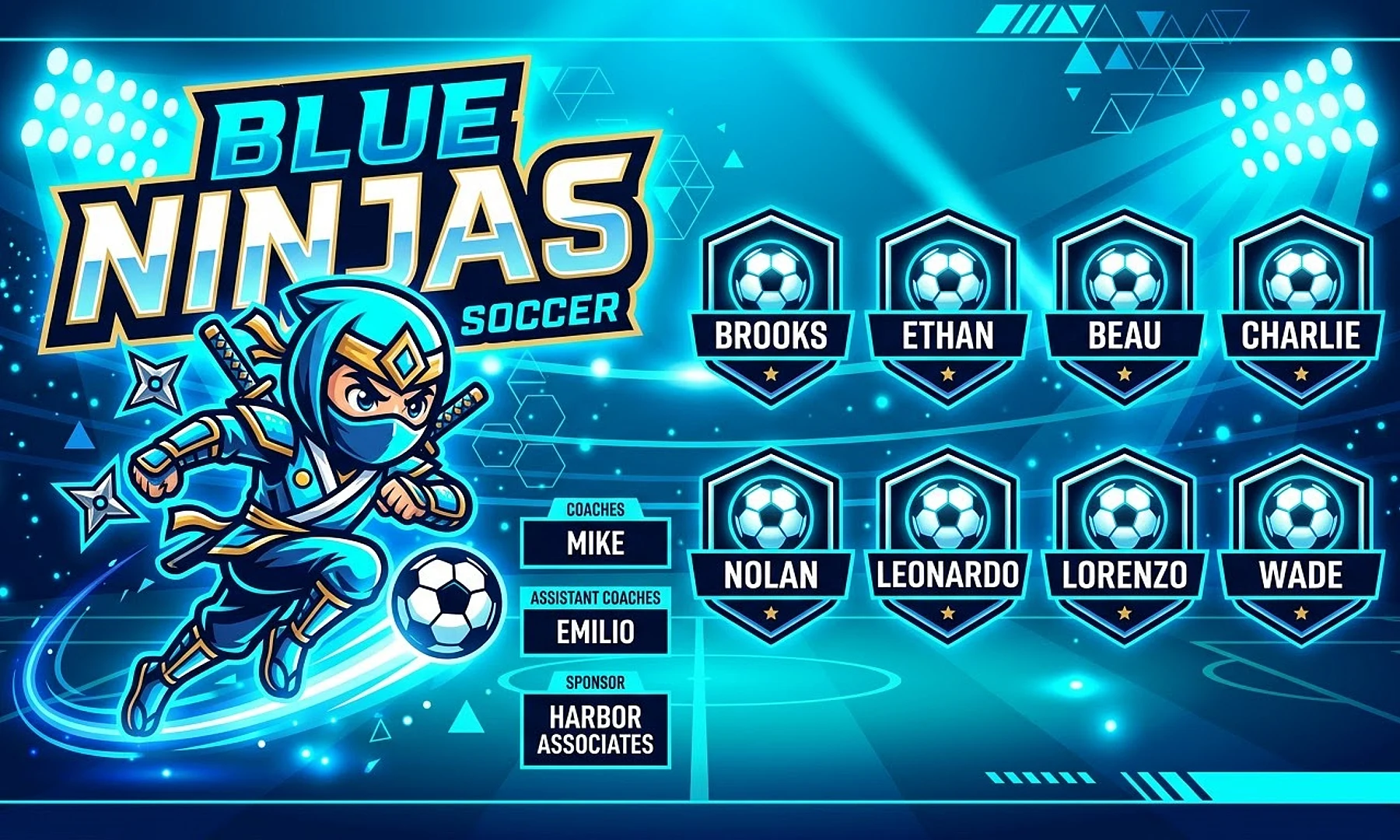 Blue Ninjas soccer team banner created with AI