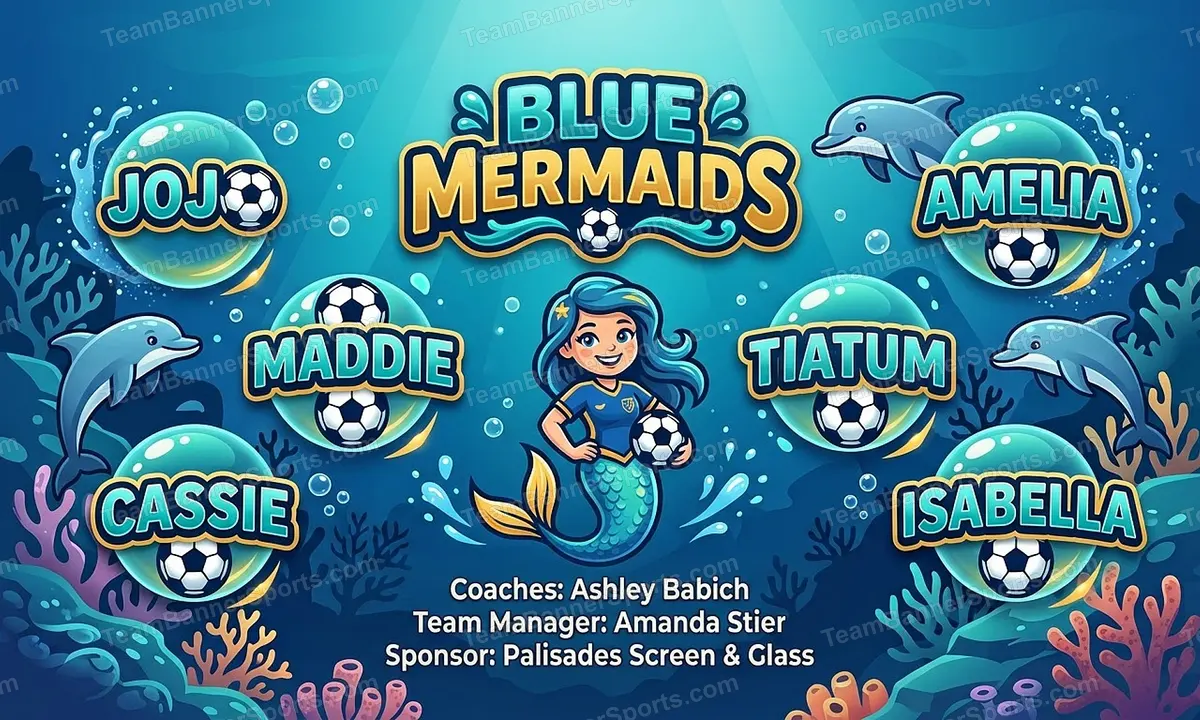 Blue Mermaids soccer team banner created with AI