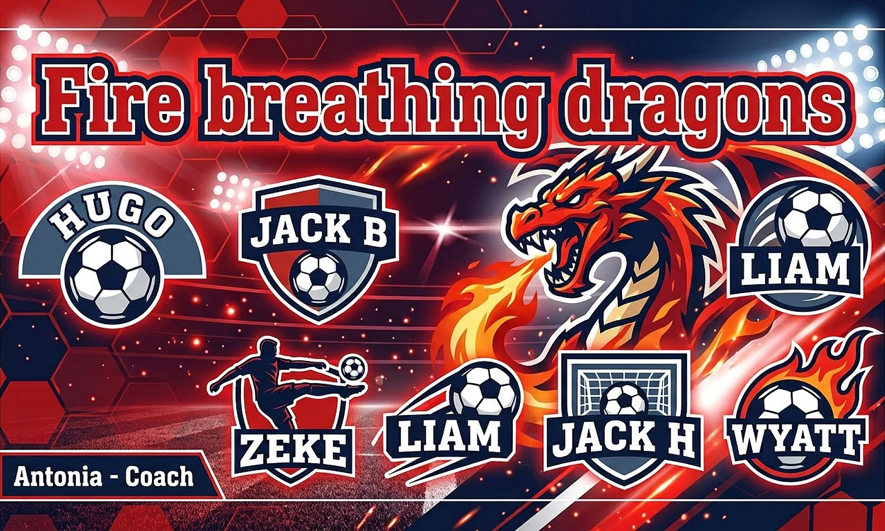 Fire breathing dragons soccer team banner created with AI