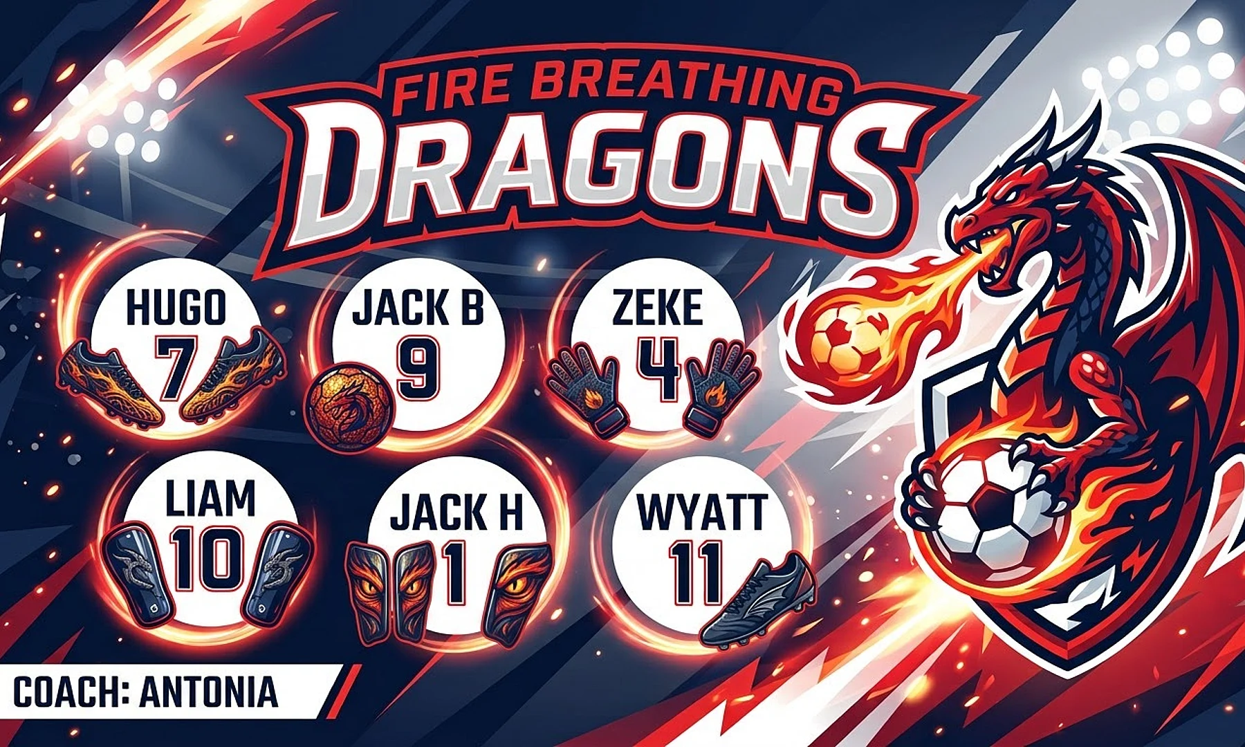 Fire breathing dragons soccer team banner created with AI