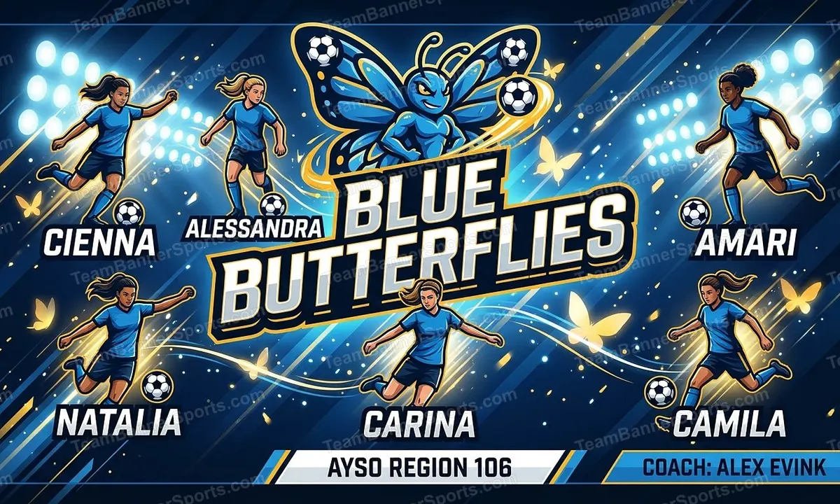 Blue Butterflies soccer team banner created with AI
