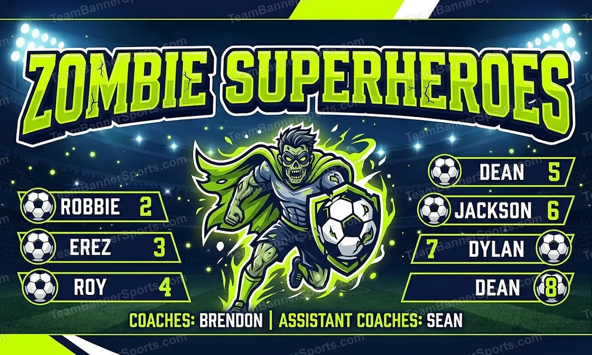 Zombie Superheroes soccer team banner created with AI