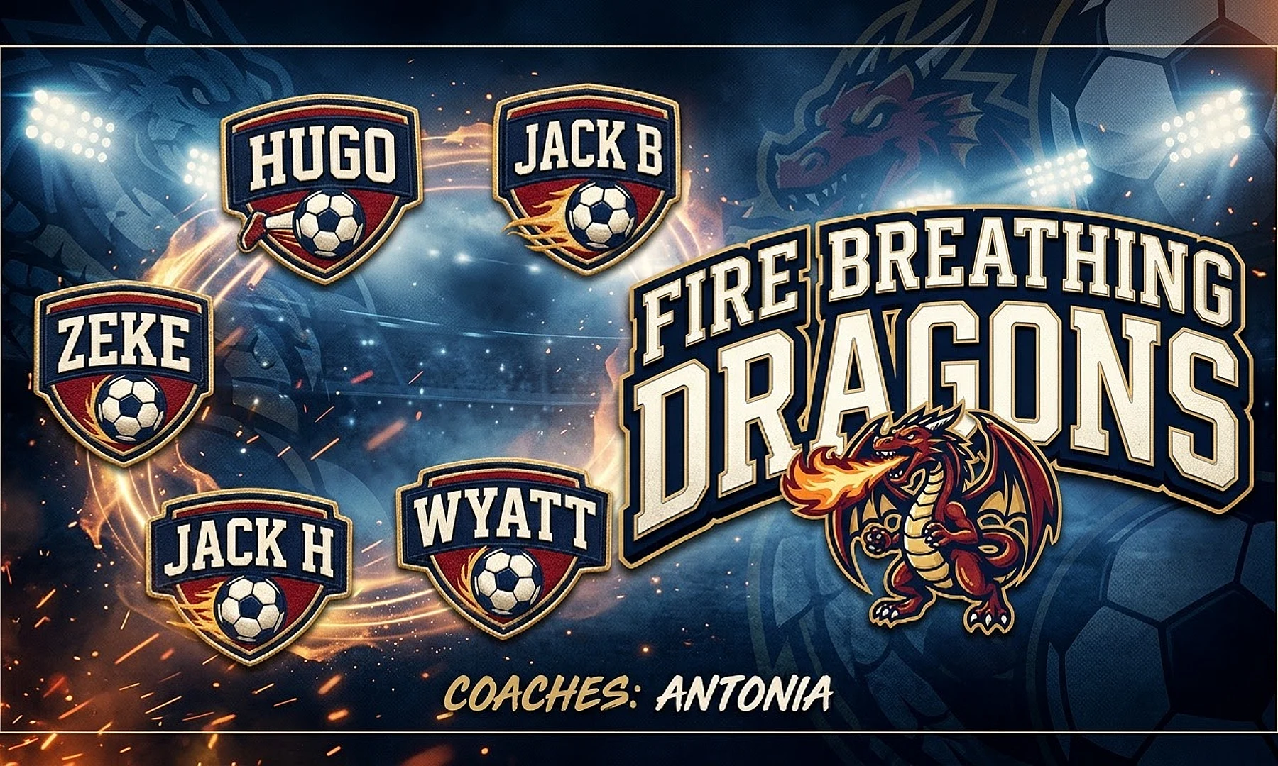 Fire breathing dragons soccer team banner created with AI