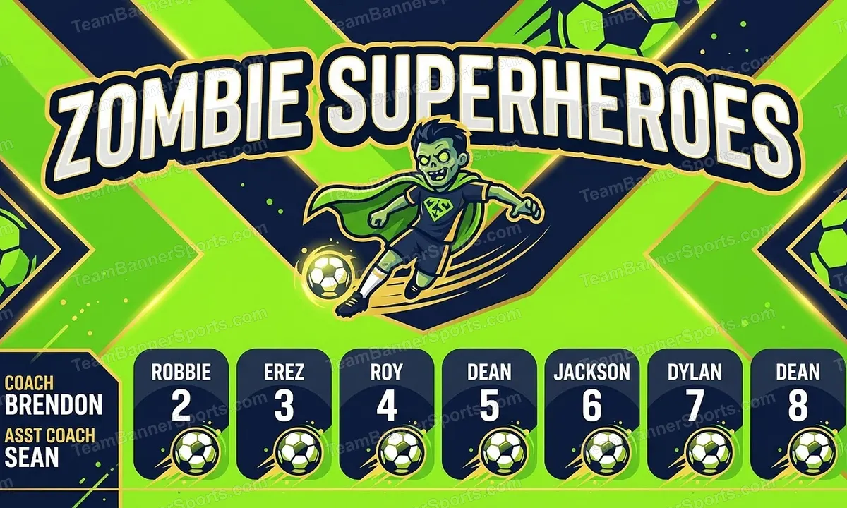 Zombie Superheroes soccer team banner created with AI