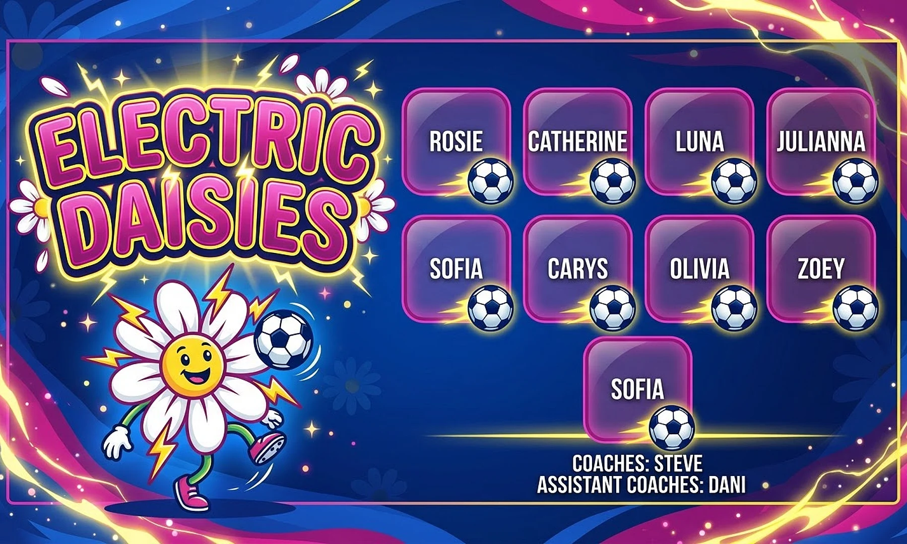 Electric Daisies soccer team banner created with AI