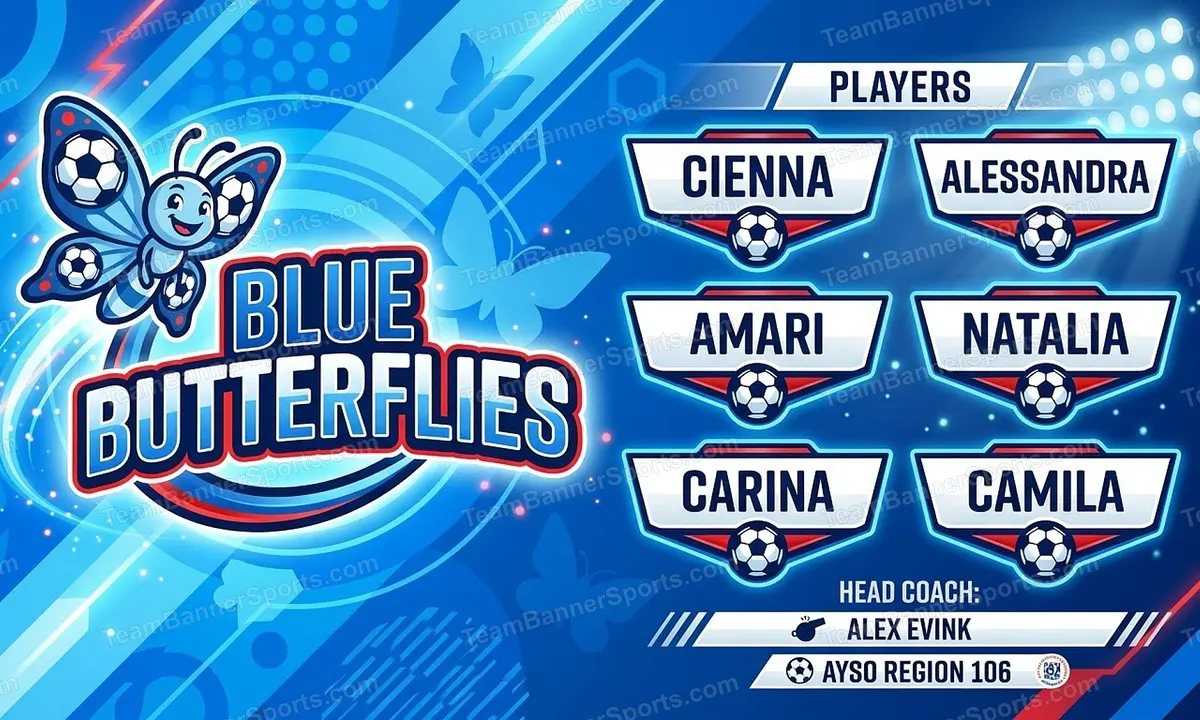 Blue Butterflies soccer team banner created with AI