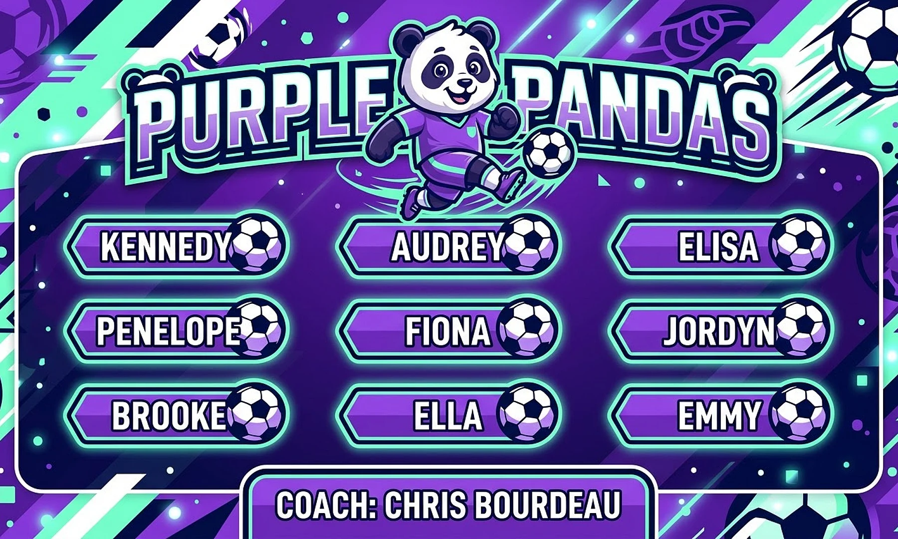 Purple pandas soccer team banner created with AI